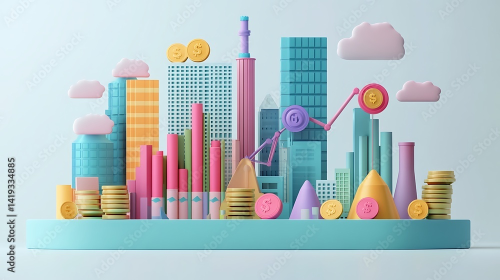 Infographic-style 3D flat scene showing cost vs revenue chart, three distinct colored lines, factory icon on left, coin icons near axes, scale symbol at break-even point, minimalist white background.