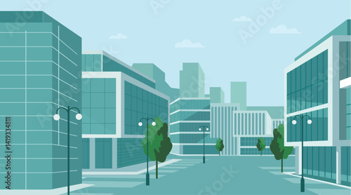 Flat Style Vector Illustration of Modern Urban City Street with Office Buildings, Glass Architecture, Trees, and Lamp Posts