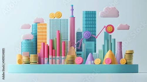 Obraz na płótnie Infographic-style 3D flat scene showing cost vs revenue chart, three distinct colored lines, factory icon on left, coin icons near axes, scale symbol at break-even point, minimalist white background. w salonie