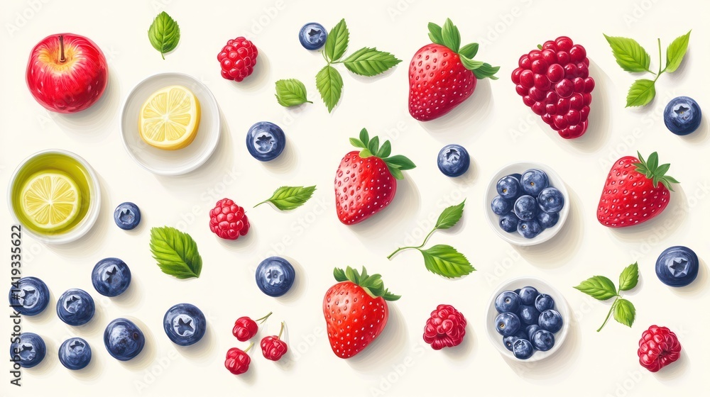 Vibrant Summer Fruit Flatlay: A Delightful Display of Fresh Berries, Apples, and Citrus Vibrant Summer Fruit Flatlay: A Delightful Display of Fresh Berries, Apples, and Citrus