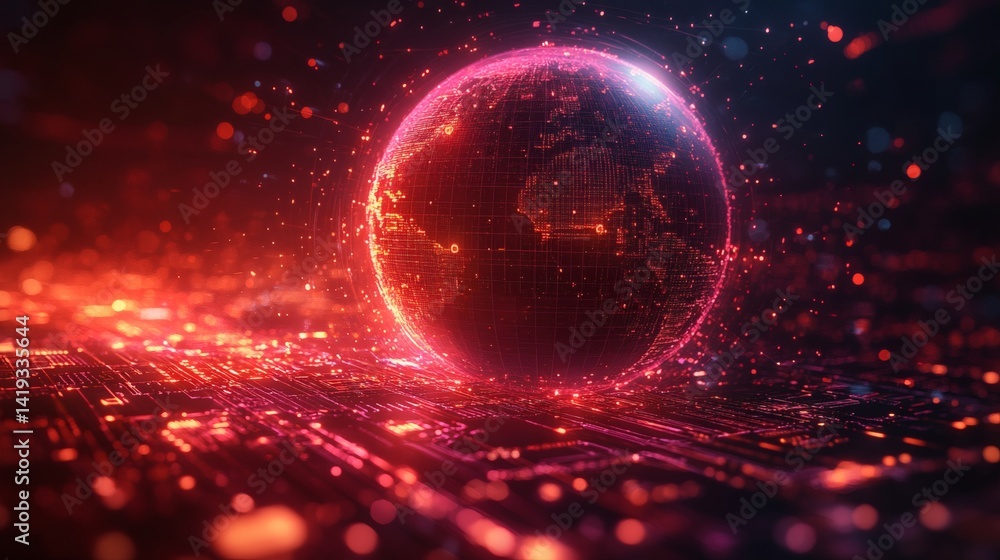 Digital wireframe globe surrounded by data streams and fintech abstract icons background Digital wireframe globe surrounded by data streams and fintech abstract icons background