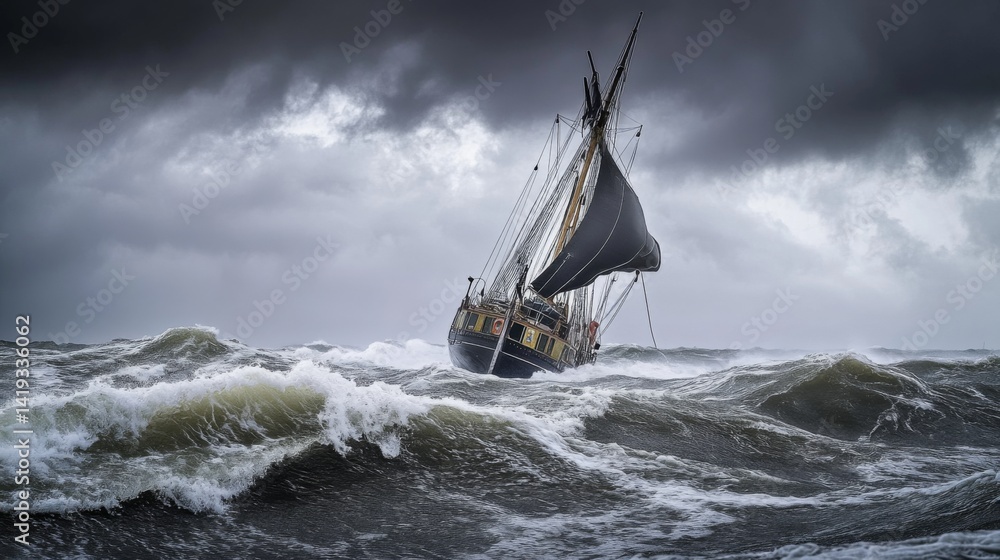 A dramatic scene unfolds as a ship bravely navigates through powerful waves. Dark clouds loom overhead creating a sense of adventure and peril. Generative AI.