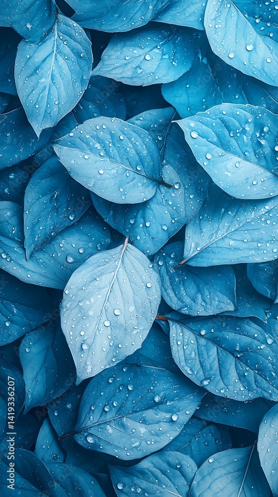 Obraz premium Close-up of blue leaves with water droplets background for textures, design, web pages, and screensavers