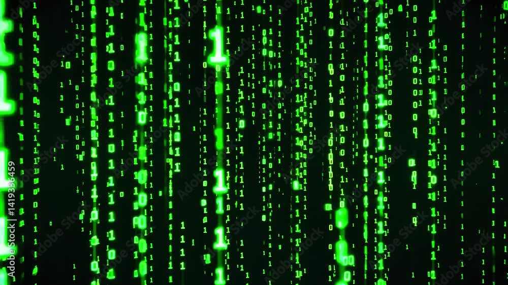 Abstract green digital rain of binary code cascading down a dark background, symbolizing technology and data Abstract green digital rain of binary code cascading down a dark background, symbolizing technology and data