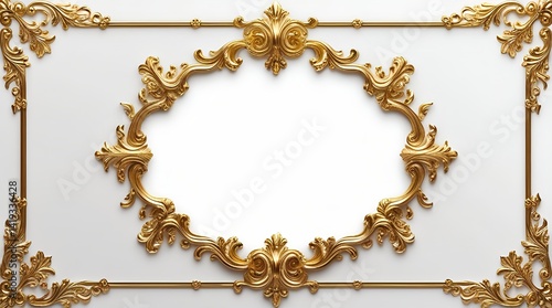AI Generative. Elegant frame on white background with luxurious golden ornamental borders. Intricate gold flourishes in all four corners and along the top and bottom. 11