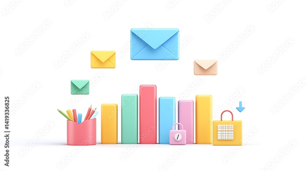 Modern 3D flat scene of quarterly results, layered bar chart, small calendar icons, envelope icon floating above, clean white background. Created Using: Procreate vector asset base,