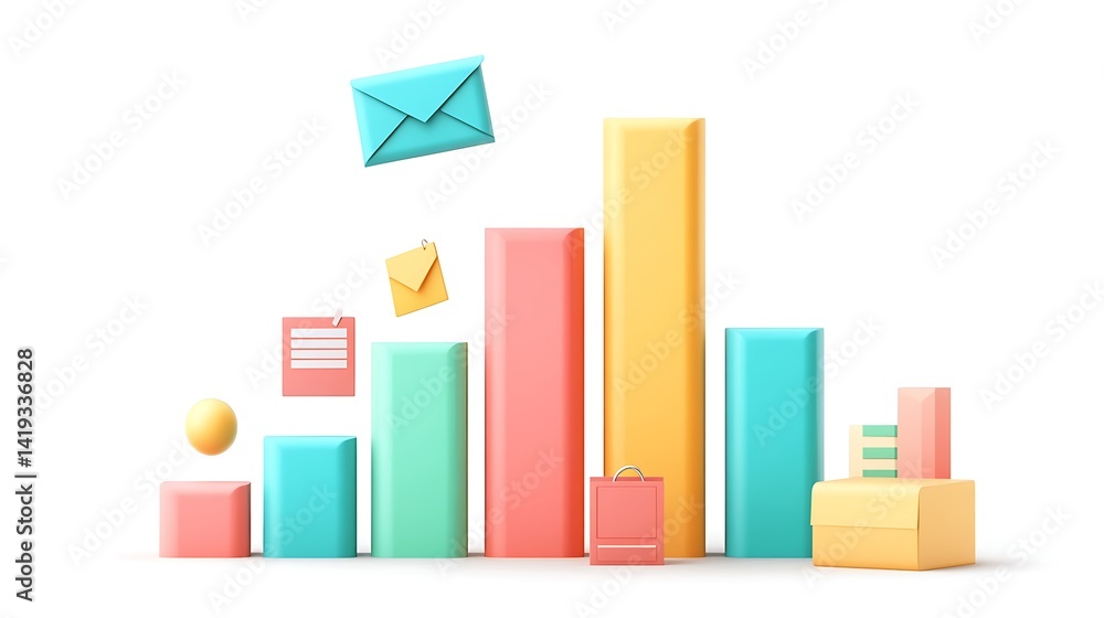 Modern 3D flat scene of quarterly results, layered bar chart, small calendar icons, envelope icon floating above, clean white background. Created Using: Procreate vector asset base,