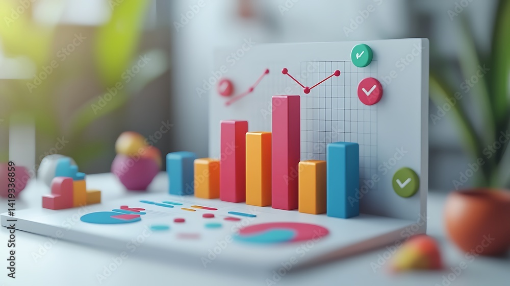 Quarterly financial report dashboard in 3D flat style, bar chart rising steadily, line chart overlay, icons of email and dates, minimal layout on a white background.