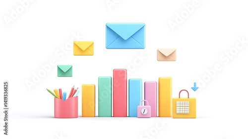 Obraz na płótnie Modern 3D flat scene of quarterly results, layered bar chart, small calendar icons, envelope icon floating above, clean white background. Created Using: Procreate vector asset base, w salonie