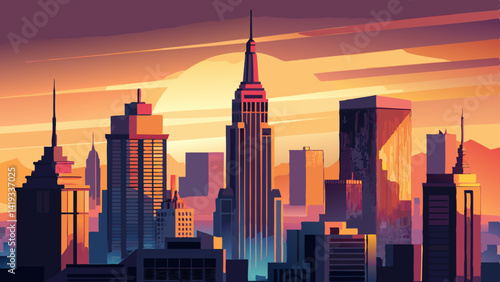 Stylized New York City Skyline at Sunset – Vibrant Vector Illustration with Empire State Building
