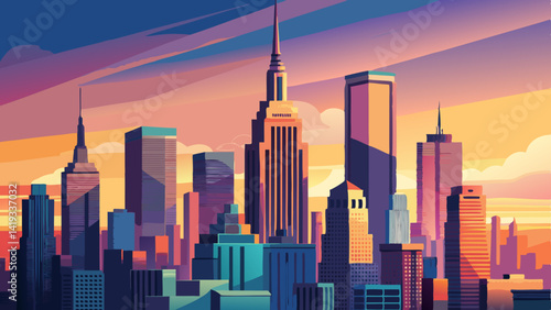 Stylized New York City Skyline at Sunset – Vibrant Vector Illustration with Empire State Building