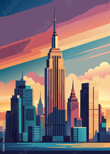 Stylized New York City Skyline at Sunset – Vibrant Vector Illustration with Empire State Building