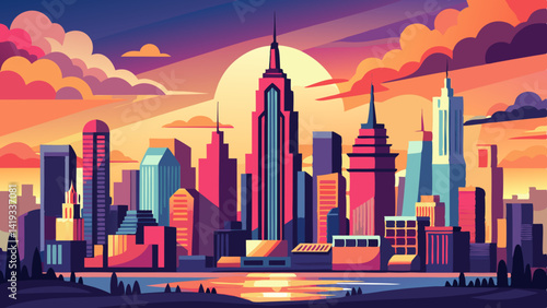 Stylized New York City Skyline at Sunset – Vibrant Vector Illustration with Empire State Building