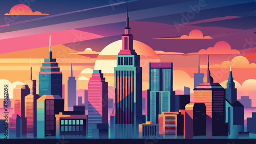 Stylized New York City Skyline at Sunset – Vibrant Vector Illustration with Empire State Building