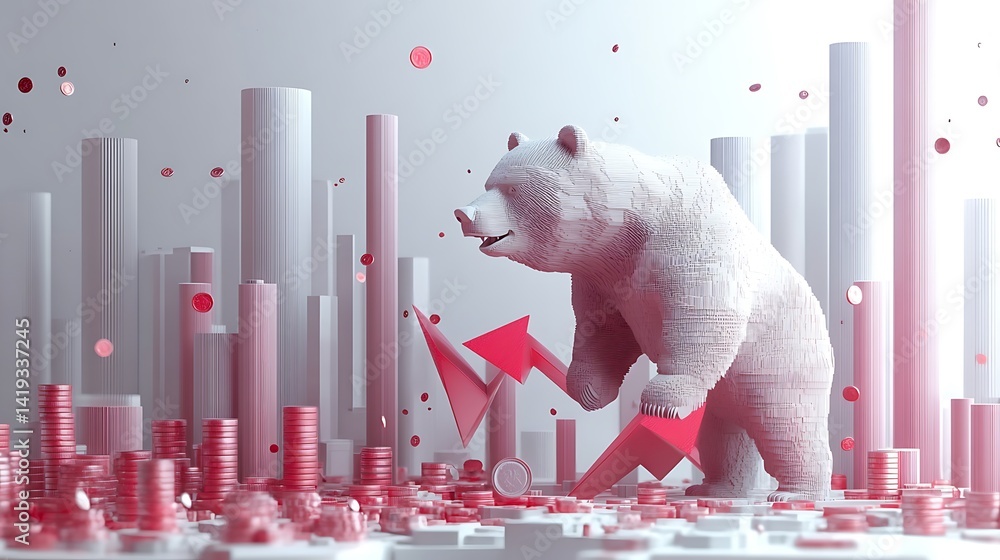 3D flat business graphic of economic crash, descending bar chart, aggressive bear silhouette, falling red arrows, coins splitting on impact, white clean background.