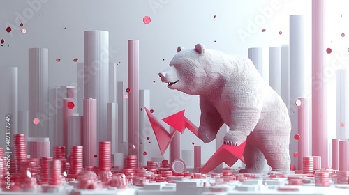 Obraz na płótnie 3D flat business graphic of economic crash, descending bar chart, aggressive bear silhouette, falling red arrows, coins splitting on impact, white clean background. w salonie