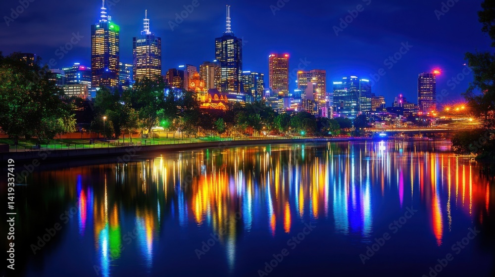 Obraz premium A vibrant city skyline at night with skyscrapers glowing in colorful lights, reflected in the calm river below