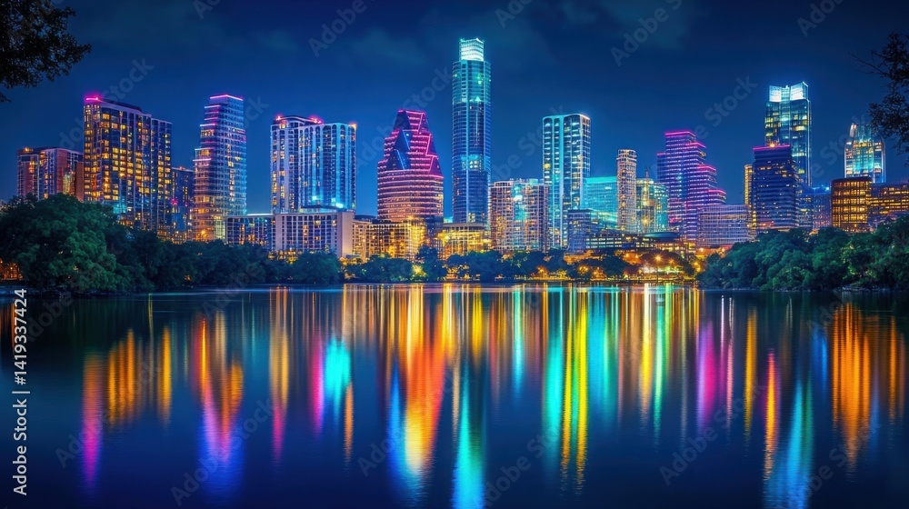 Obraz premium A vibrant city skyline at night with skyscrapers glowing in colorful lights, reflected in the calm river below