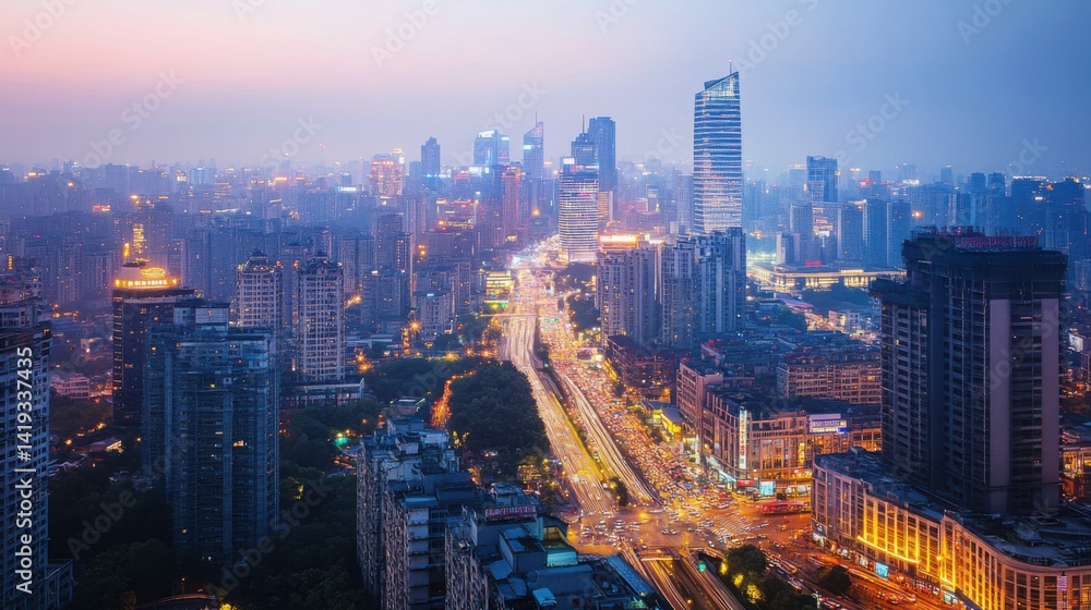 Obraz premium Aerial view of a bustling metropolis at night with illuminated high-rises and busy traffic below
