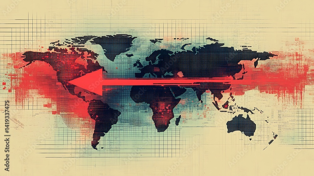 A clean flat-style vector of a red arrow descending through a subtle global stock chart with dotted gridlines, faded world map overlay behind, cool-toned minimalist color scheme. --ar 16:9