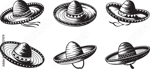 Traditional Mexican sombrero hats in black white vector style, cultural headwear silhouettes for festive and heritage designs