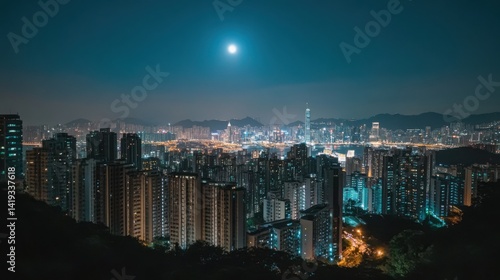 Distant view of a megacity glowing under the moonlight, high-rise buildings stretching across the horizon