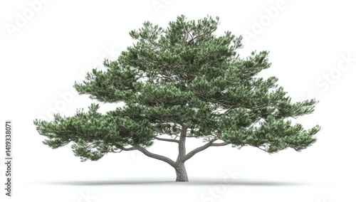 Pine tree isolated on white background. Lush green foliage