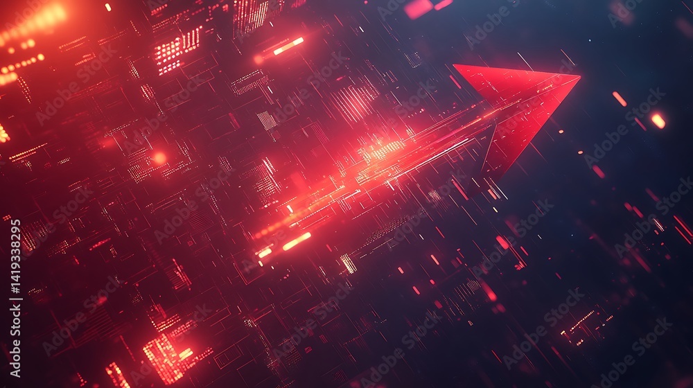 A detailed isometric vector design of a red arrow in free fall through 3D cube data structures, abstract financial UI glowing in the background, deep space-like shadows and minimalist overlays.