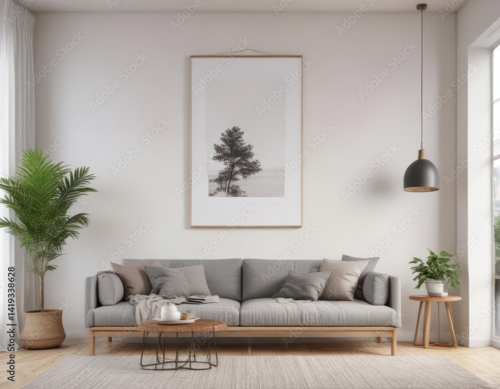 Fototapeta premium Modern living room, white wall, poster mockup on wooden clips , clip, design, wall