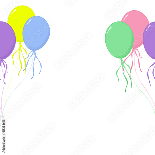 colorful balloons fly in the air against a white background, copy space for text.