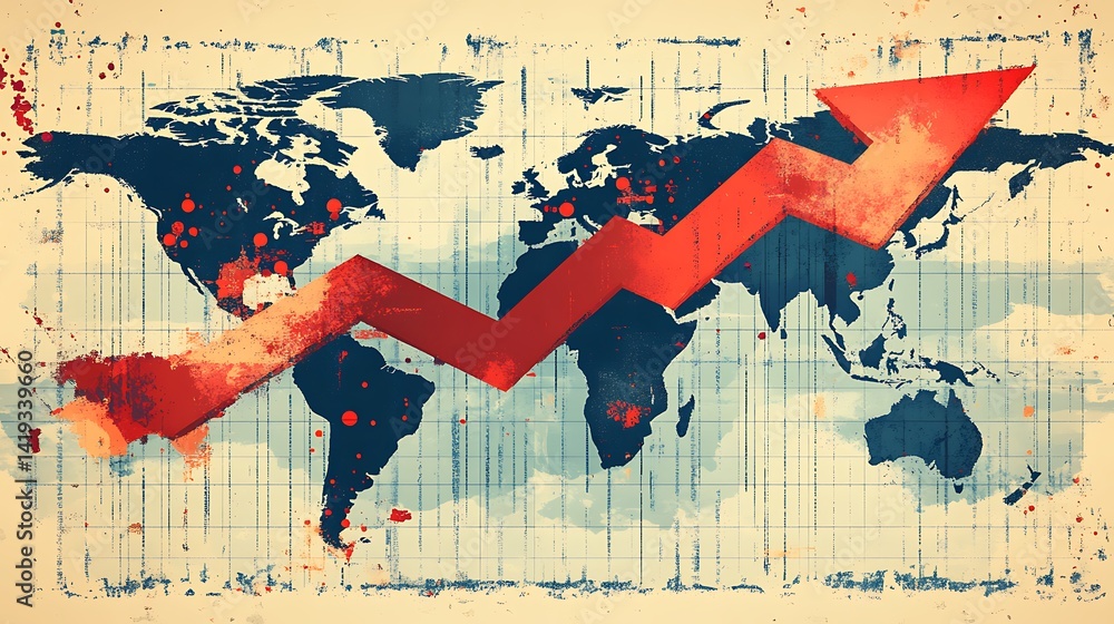 A flat design concept of a red arrow crashing through a grid financial line, global map lightly printed in background, clean business-themed illustration for economics and stock markets. --ar 16:9