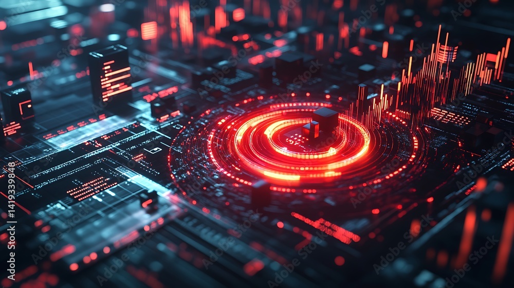 A futuristic isometric finance scene featuring a spiraling red arrow moving downward around modular cube graphs, surrounded by dark holographic stock market elements and sharp data visualizations.
