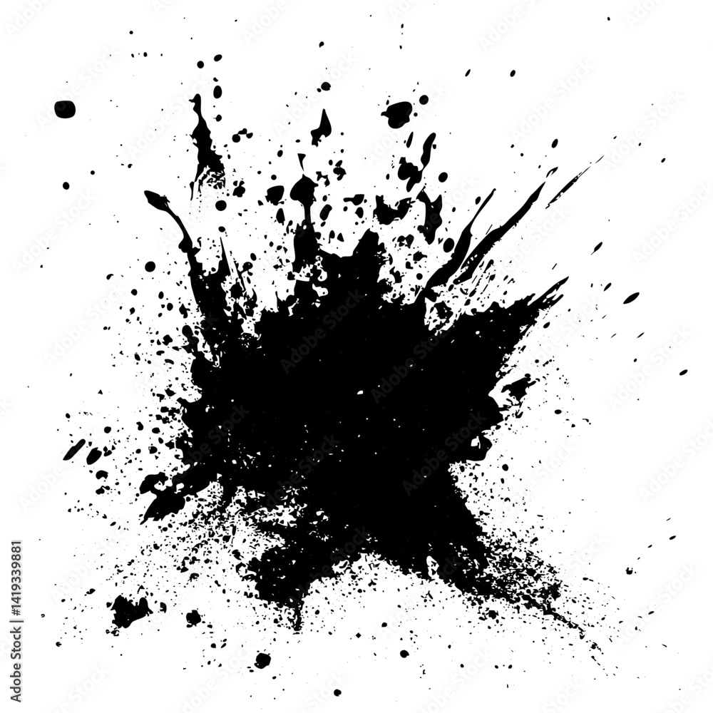 Black paint splatter on a white background creating abstract art for creative design Black paint splatter on a white background creating abstract art for creative design