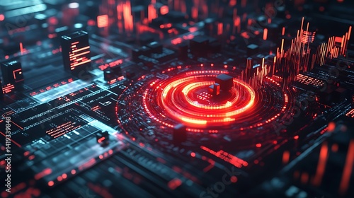 Obraz na płótnie A futuristic isometric finance scene featuring a spiraling red arrow moving downward around modular cube graphs, surrounded by dark holographic stock market elements and sharp data visualizations. w salonie
