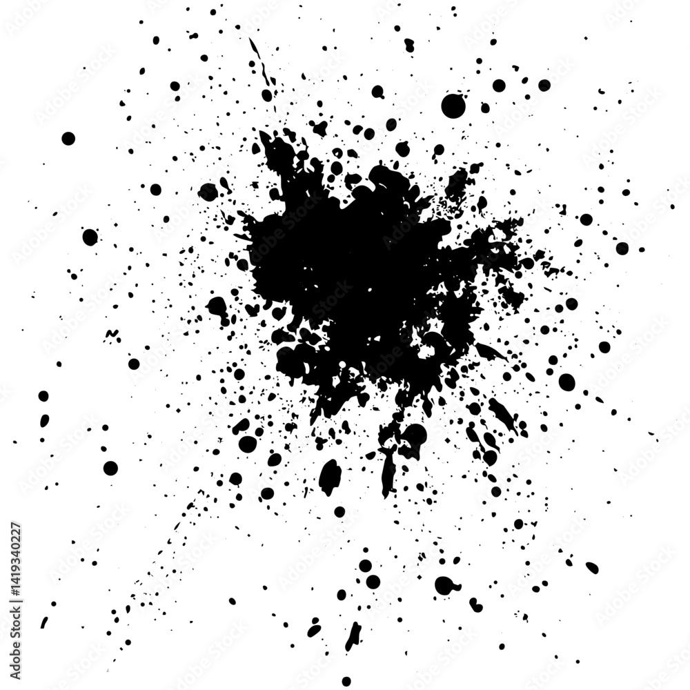 Black paint splatter creates an abstract pattern on a white background Black paint splatter creates an abstract pattern on a white background