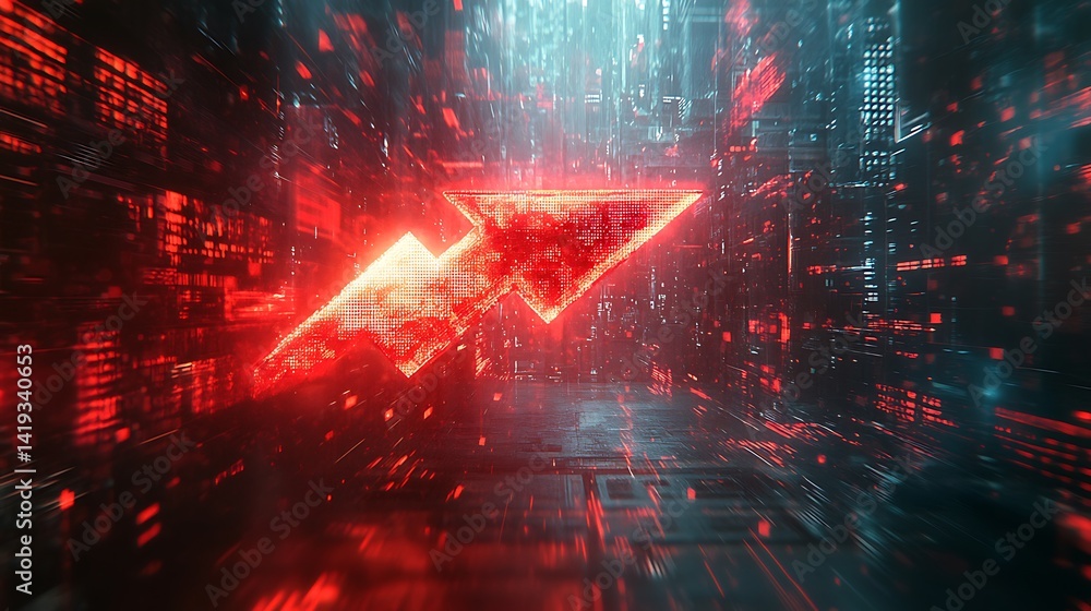 A glowing red arrow punching through a virtual chart interface, collapsing data grids, background filled with news tickers scrolling bearish messages, electric static and red-blue backlight.
