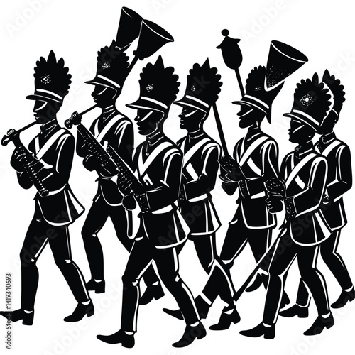 Marching Band Silhouette: Musicians in Uniform with Instruments - Vector Illustration of Parade Performance Art