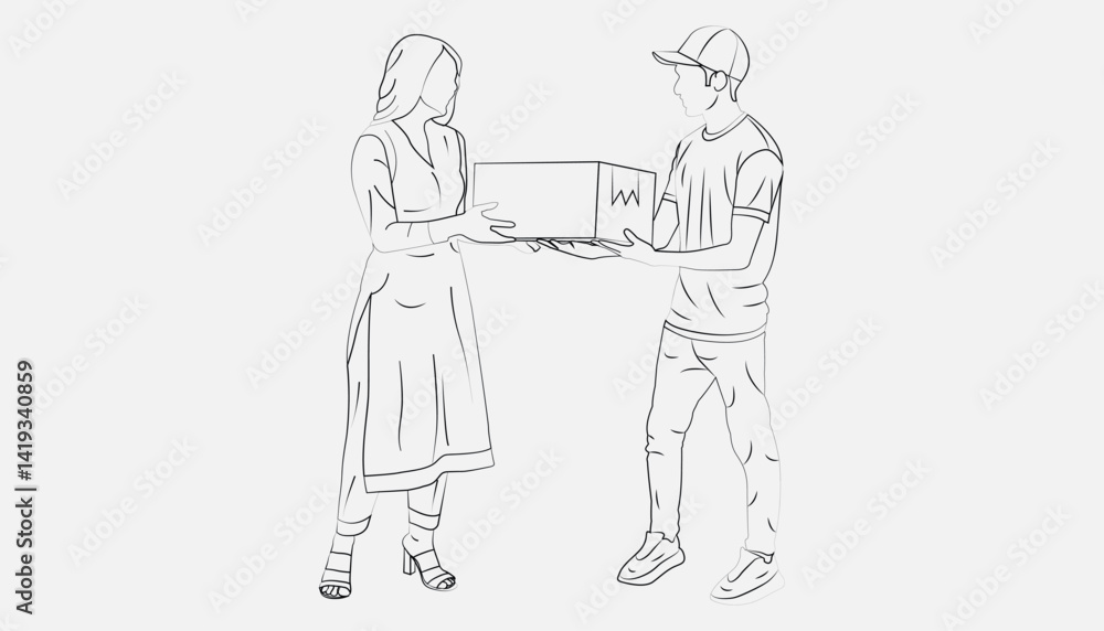 E-commerce delivery, A delivery man delivering products Line drawing a White background. E-commerce delivery, A delivery man delivering products Line drawing a White background.