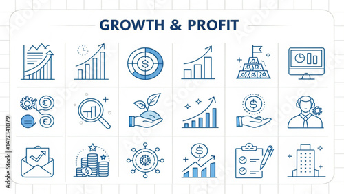 line icons for financial growth, ROI, and company success