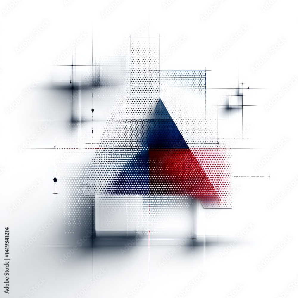 Abstract Geometric Composition with Red and Blue Triangular Overlays and Subtle Textural Elements