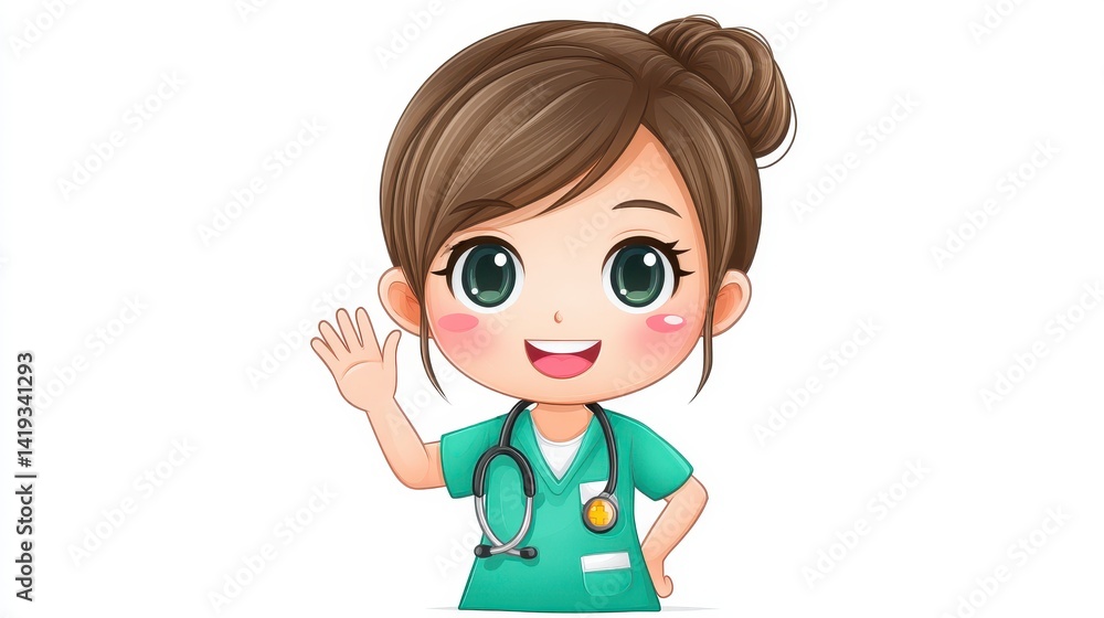 Cheerful Cartoon Nurse Waving in Teal Scrubs Cheerful Cartoon Nurse Waving in Teal Scrubs