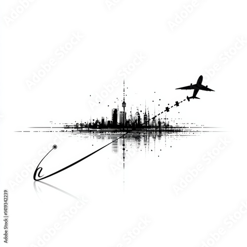 Obraz na płótnie Cityscape Dreams: An Airplane Taking Flight Over a Modern Metropolis Reflected in the Water w salonie