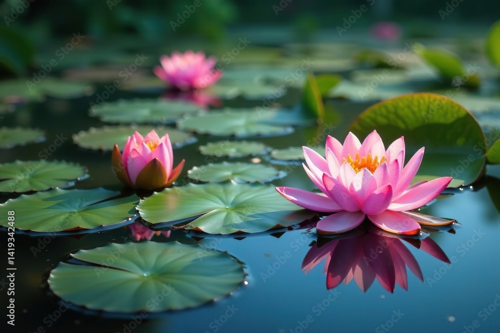 Water lilies and blossoms create a floral pattern across a still lake's surface, beauty, reflection, color Water lilies and blossoms create a floral pattern across a still lake's surface, beauty, reflection, color