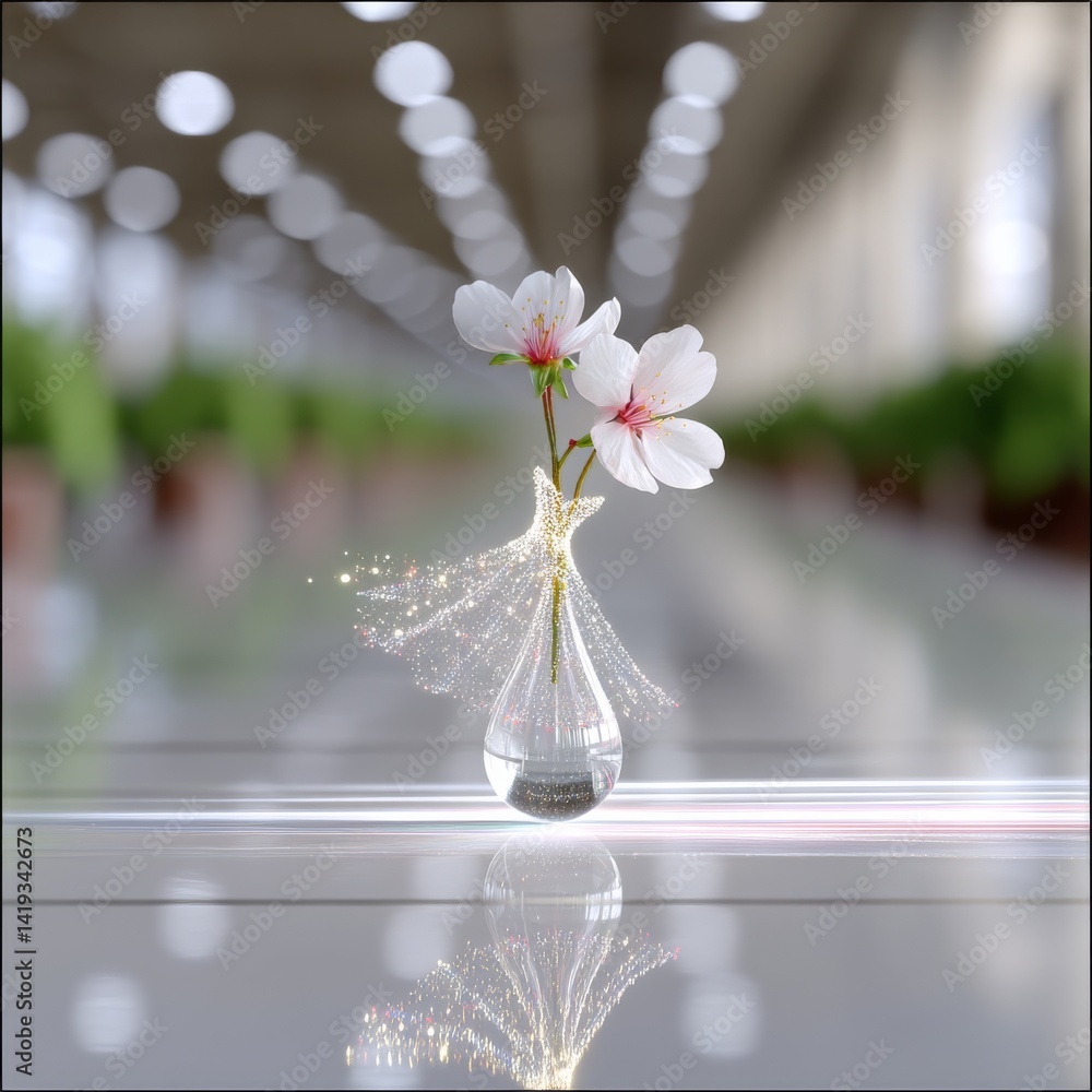 Ephemeral Beauty: Delicate White Flowers in a Glass Vase with Sparkling Lights, Reflected on a Shiny Surface