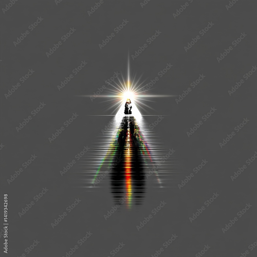 Enigmatic Silhouette: Person Walking Towards a Brilliant Light with Refracted Colors on a Textured Path
