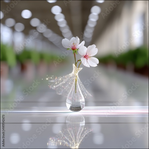 Obraz na płótnie Ephemeral Beauty: Delicate White Flowers in a Glass Vase with Sparkling Lights, Reflected on a Shiny Surface w salonie