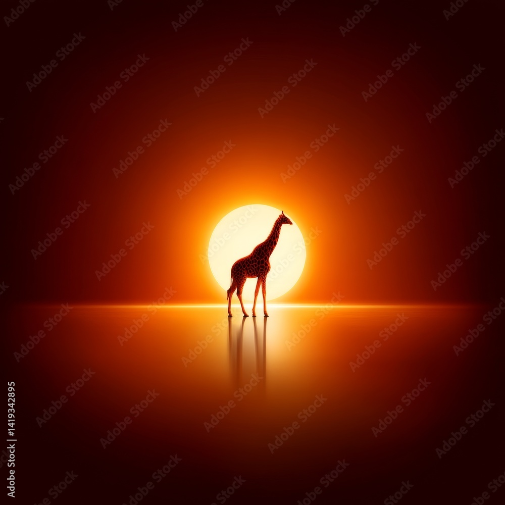 Giraffe Silhouette at Sunset: A solitary giraffe stands majestically against the backdrop of a bright setting sun, reflecting softly on the ground.