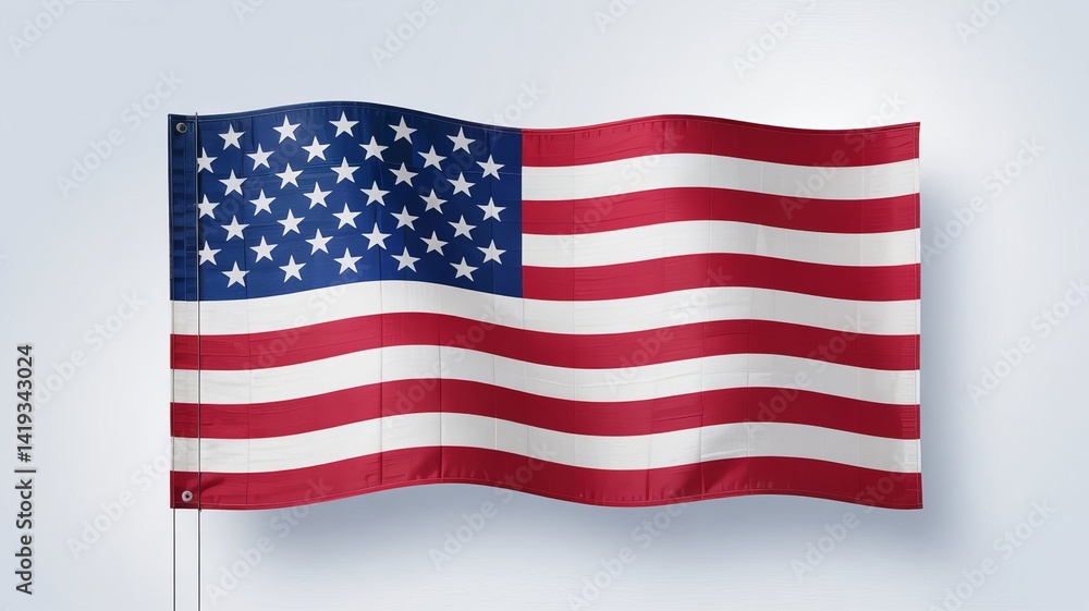 Obraz premium The patriotic American flag, featuring stars and stripes, waves proudly against a solid background, symbolizing the USA's freedom and national pride