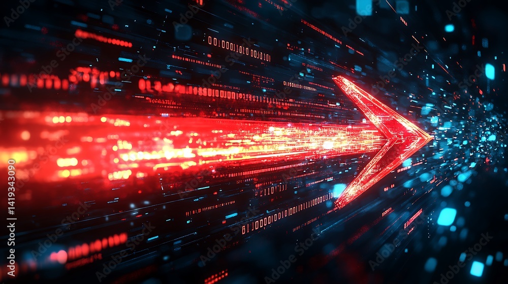 A stylized digital concept of a bright red arrow piercing violently through a jagged stock line graph, with glowing financial data codes streaming in the background, dark blue tech interface, A stylized digital concept of a bright red arrow piercing violently through a jagged stock line graph, with glowing financial data codes streaming in the background, dark blue tech interface,