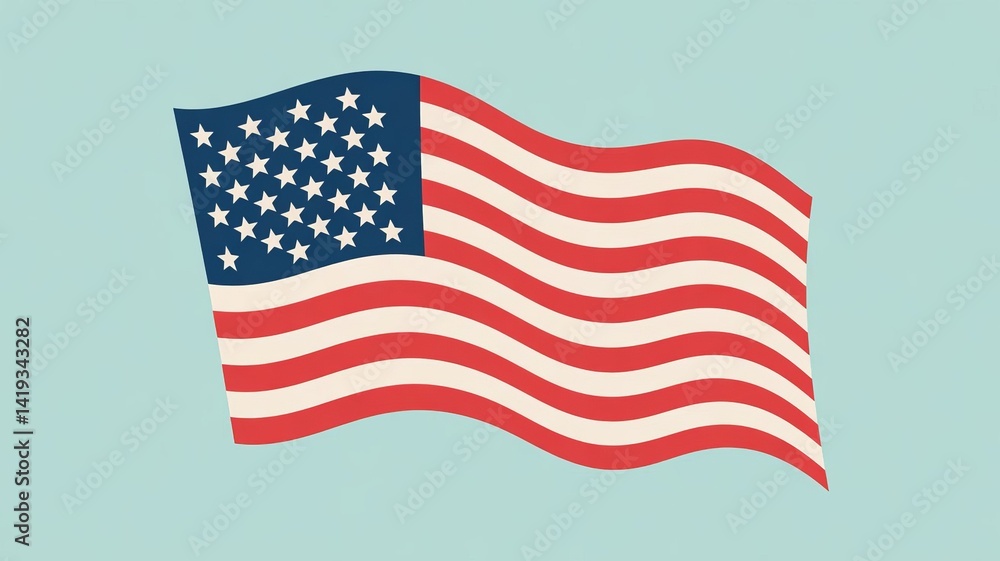 Fototapeta premium The patriotic American flag, featuring stars and stripes, waves proudly against a blue sky, symbolizing the USA's freedom and national pride